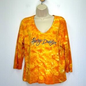 Harley Davidson - Vintage 1999 Orange Tie Dye St Augustine FL 3/4 Sleeve Top LG